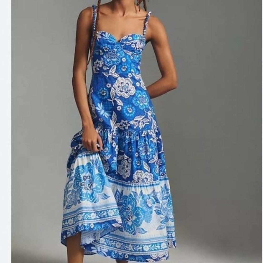 Farm Rio Blue Full Of Flowers Organic Cotton Midi Dress Garden Party | Size XL - Picture 5 of 5